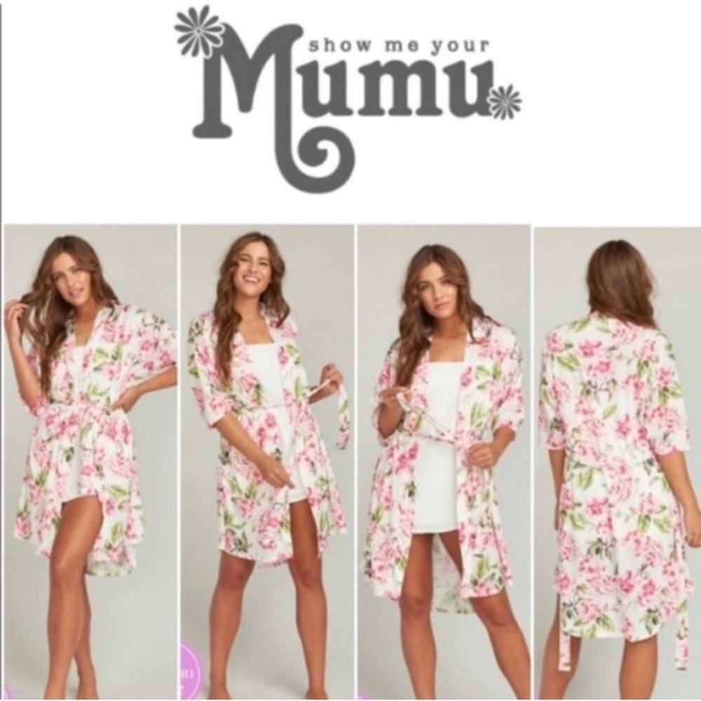 Show Me Your MuMu Brie Kimono Robe Floral Bridal White Pink Green